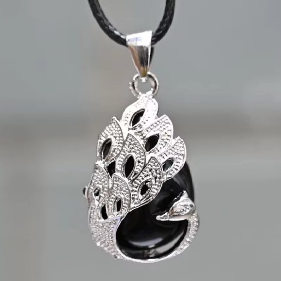 Peacock Black Obsidian Natural Stone Pendant Necklace Gemstone Pendant - Picture 1 of 2